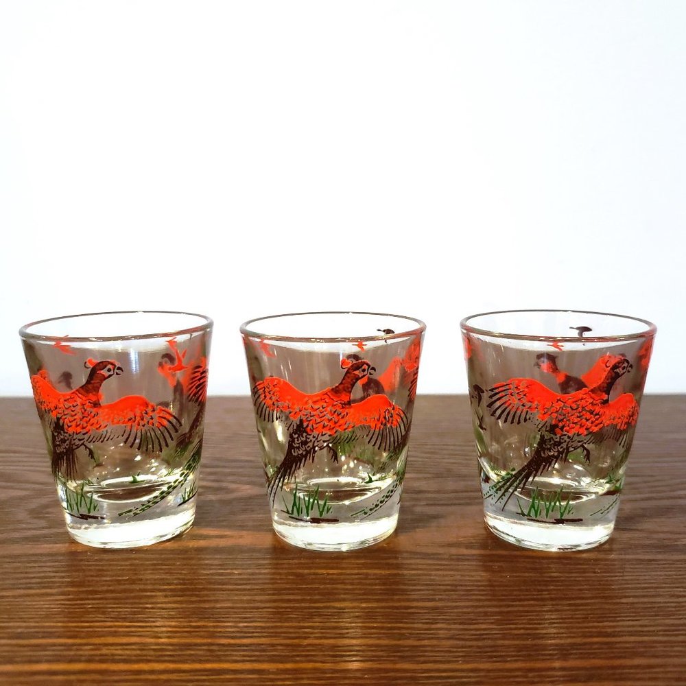 Pheasant Shot Glasses Set Lot x3 Hunting Bird Red Brown Green Vintage MCM